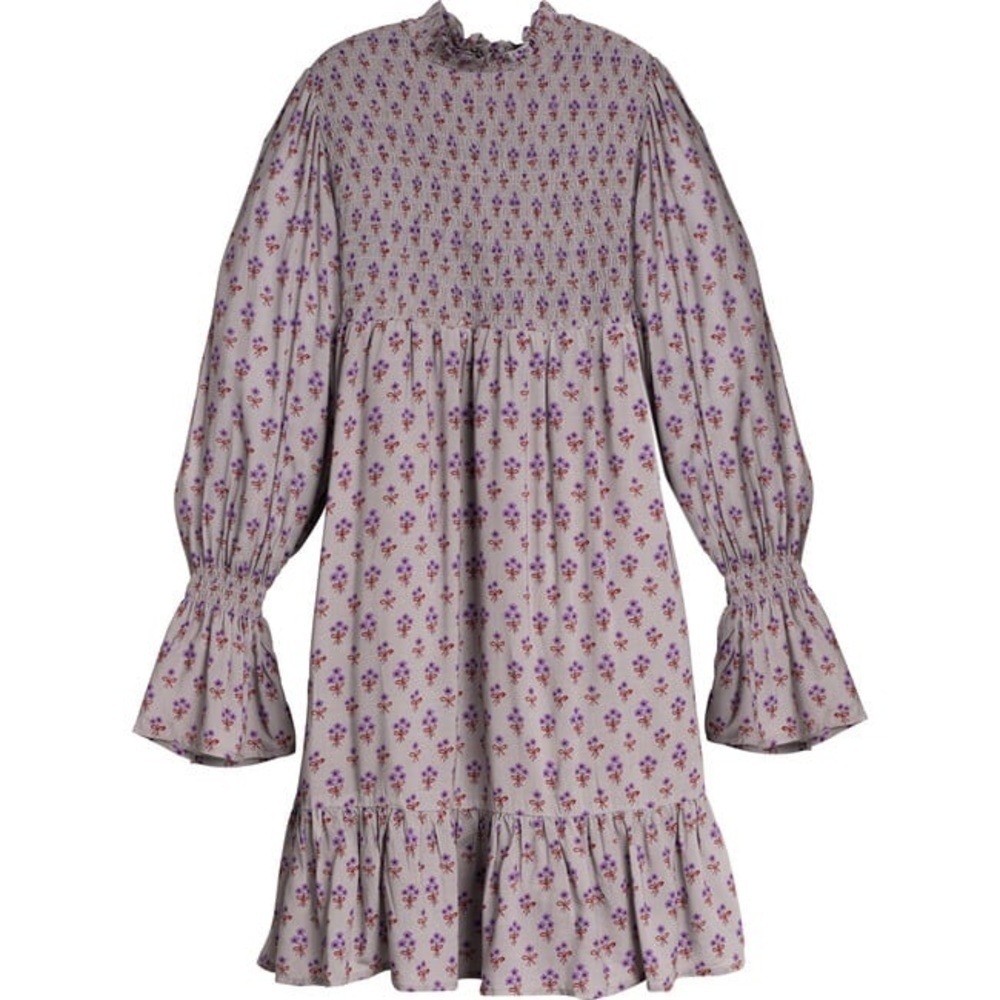 Maison Me Angela Smocked Dress Size Small Grey Lavender Ditsy Floral Cottagecore